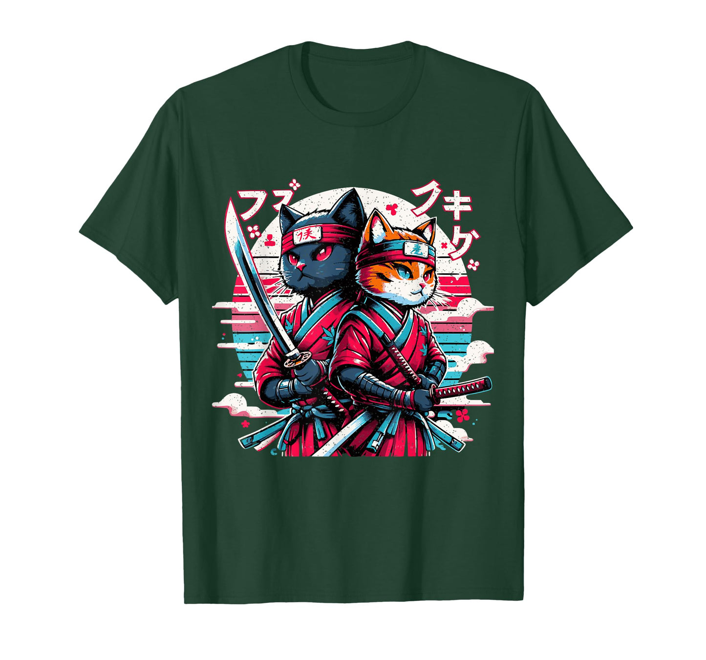 Cute Ninja Cat Couple Japanese Anime Samurai Katana Cats T-Shirt for Men Women Girls Kids