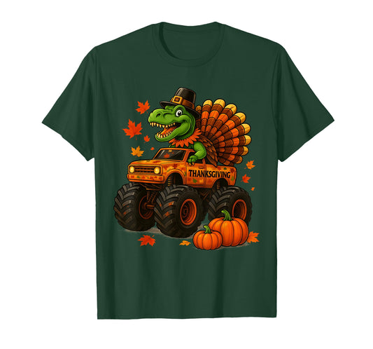 Monster Truck Trex Dinosaur Turkey Fall Thanksgiving Boy Kid T-Shirt