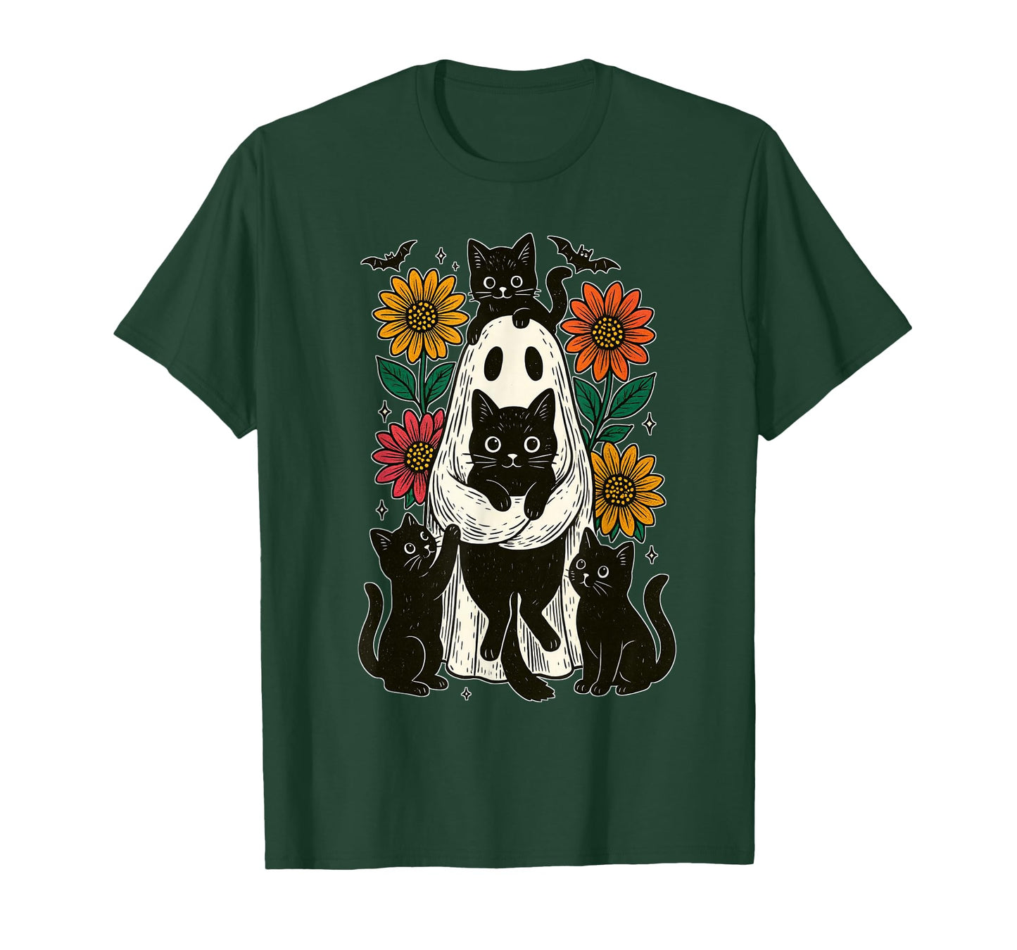 Vintage Halloween Ghost Holding Black Cat Groovy Floral T-Shirt