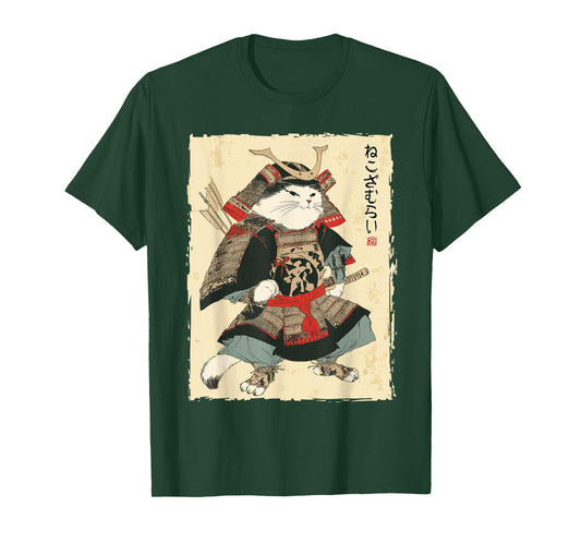 Samurai Cat Japanese Ukiyo-e Style Warrior Art T-Shirt