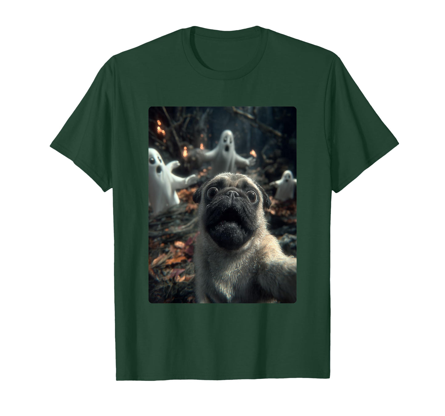 Funny Pug Selfie with Ghosts Haunted Forest Halloween Dog T-Shirt