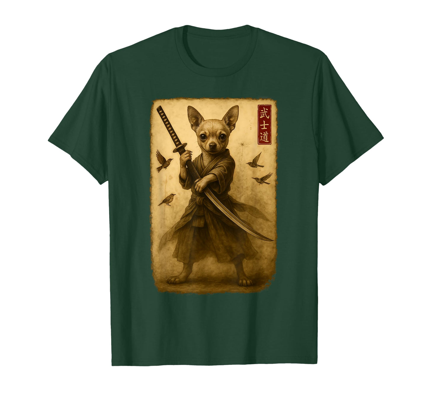 Samurai Dog Japanese Art Chihuahua Warrior Bushido Katana T-Shirt