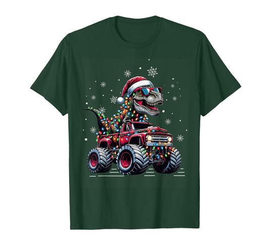 Monster Truck Dinosaur TRex Christmas Boys Kids T-Shirt