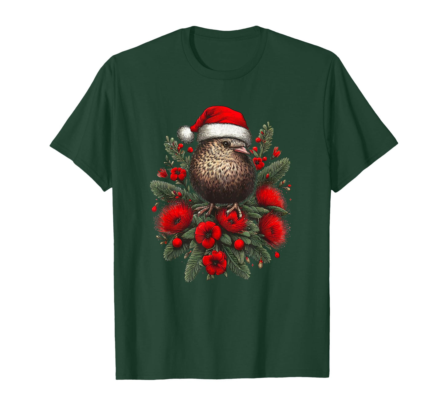 Christmas New Zealand Kiwi Bird Santa Hat Pohutukawa Tree T-Shirt