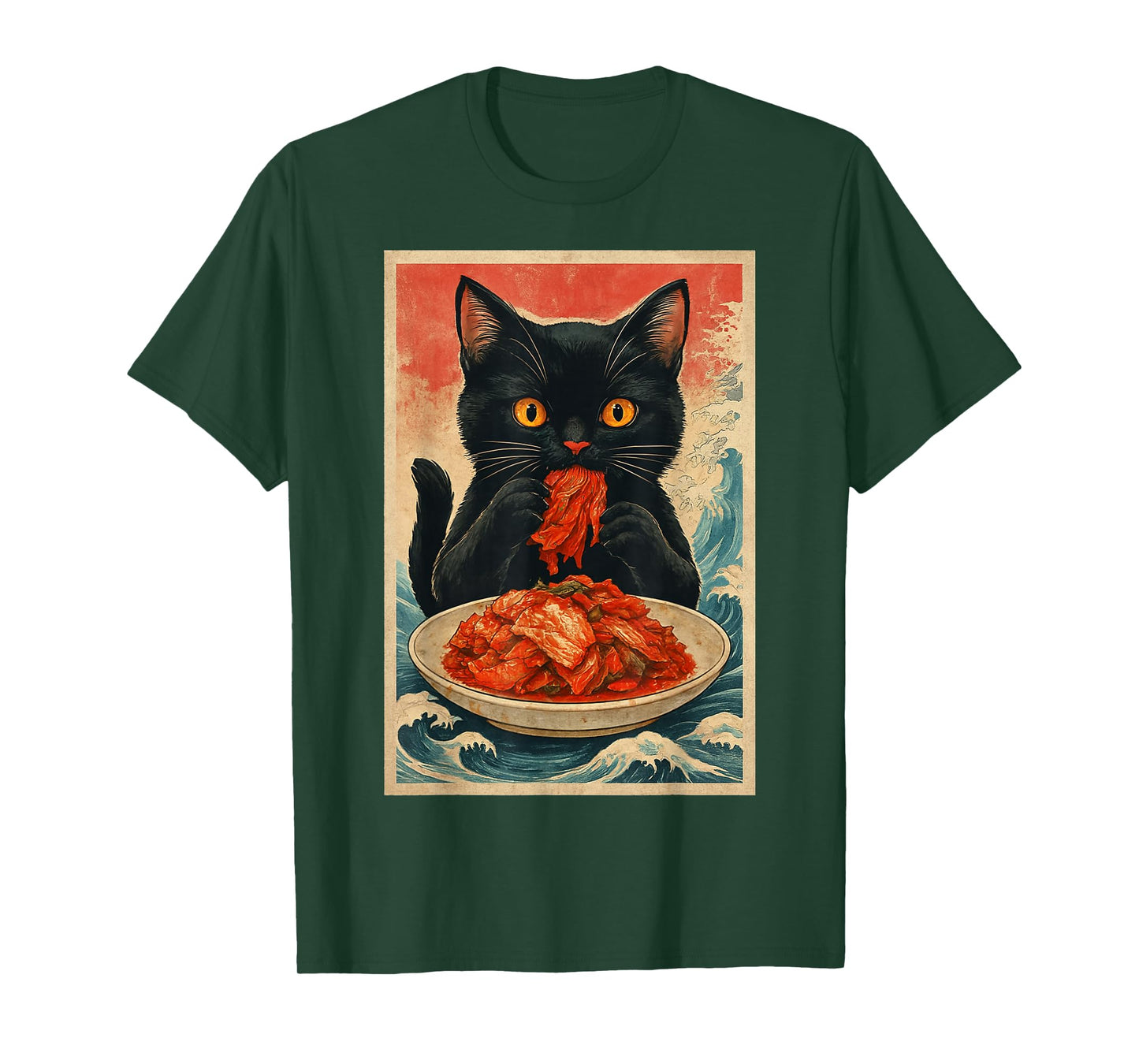 Funny Black Cat Eating Kimchi Retro Japanese T-Shirt