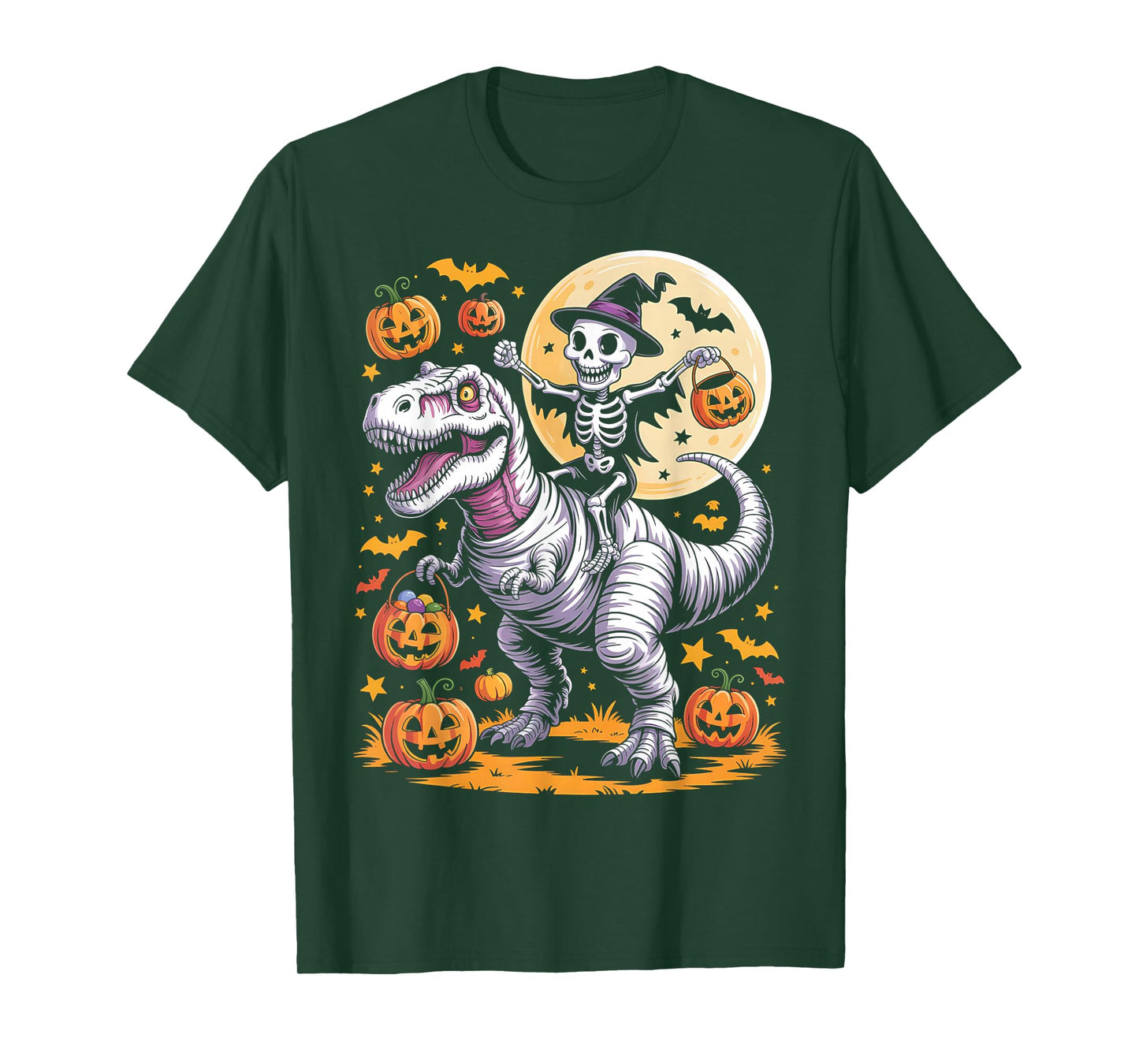 Skeleton Riding Mummy Dinosaur T Rex Kids Boys Men Halloween T-Shirt