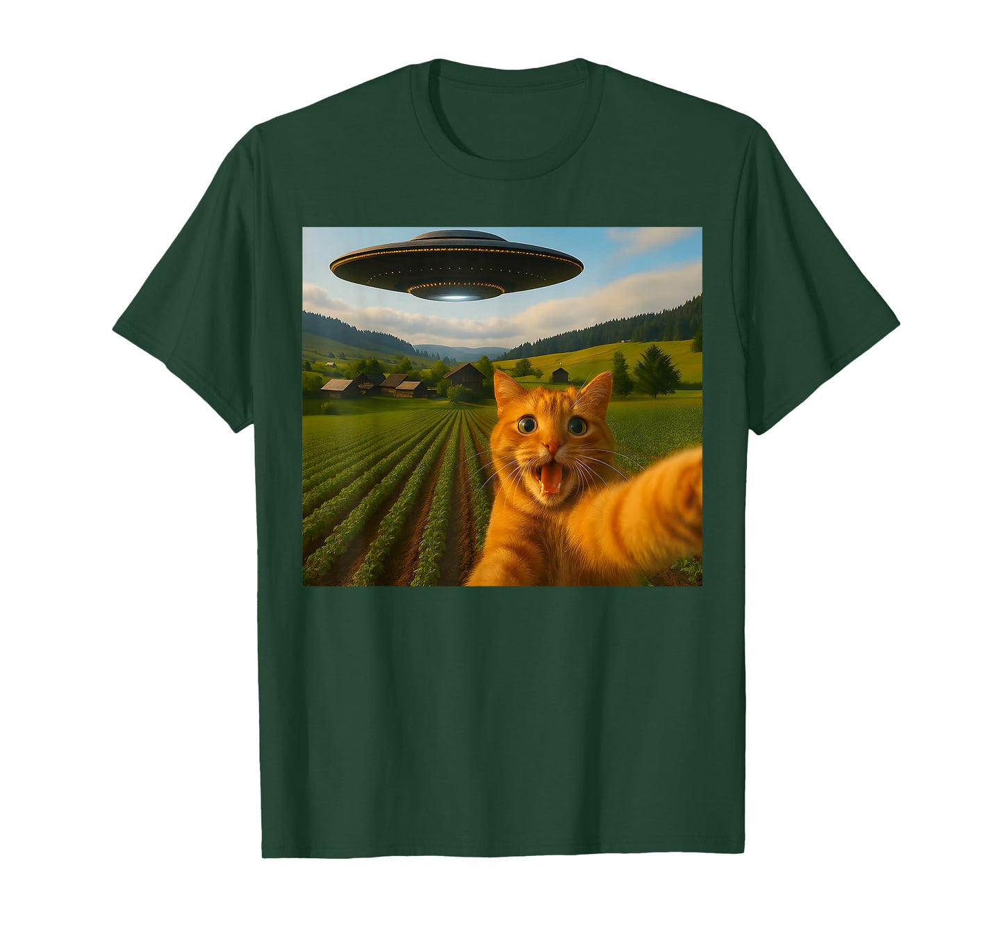 Orange Cat Selfie with Alien UFO for Men Women Kid T-Shirt