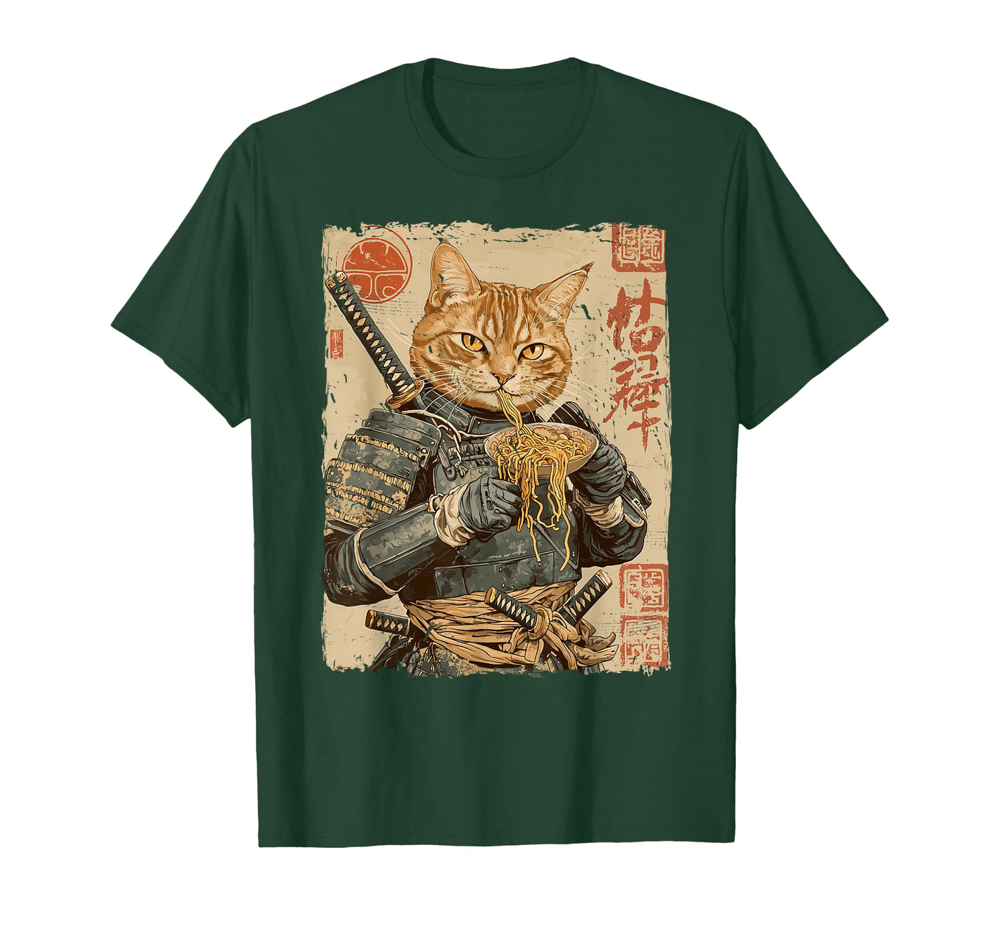 Samurai Cat Loves Ramen Funny Anime Japanese Artwork Samurai T-Shirt