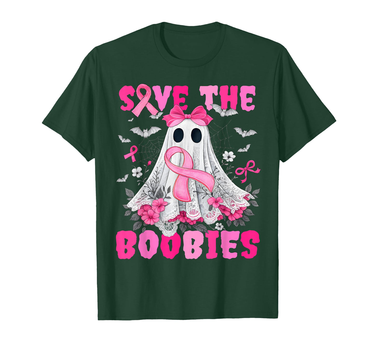 Save The Boobies Lace Bow Breast Cancer Awareness Halloween T-Shirt