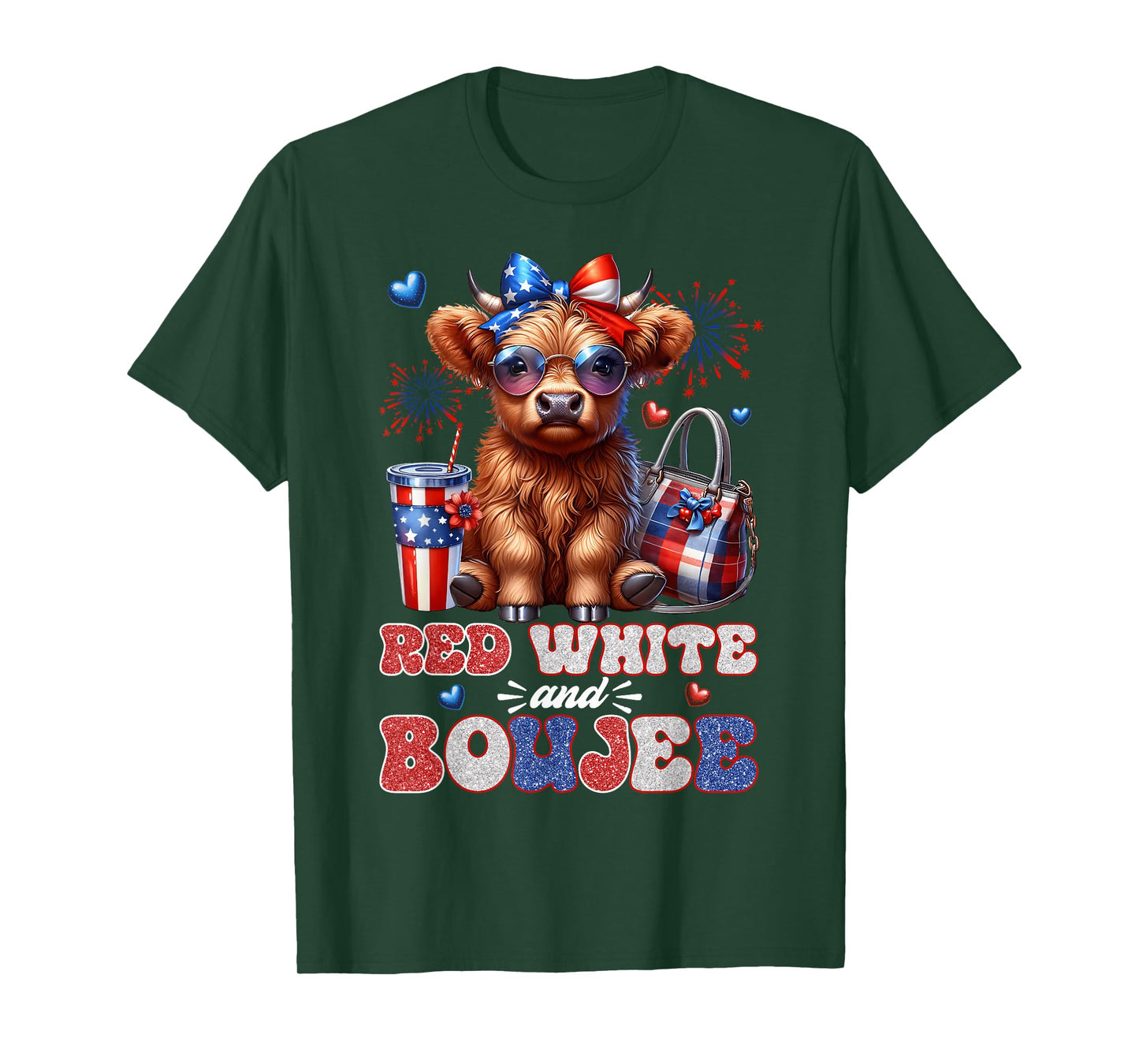 Cute Red White And Boujee Highland Cow 4th Of July Patriotic T-Shirt