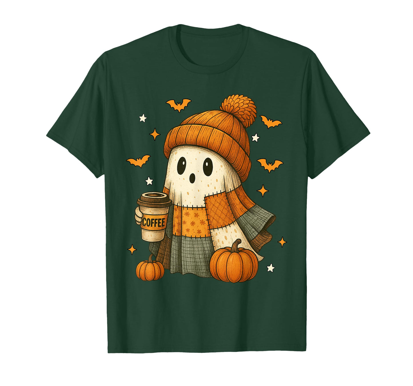 Cute Ghost Drinking Coffee Halloween Patchwork Ghost Women T-Shirt