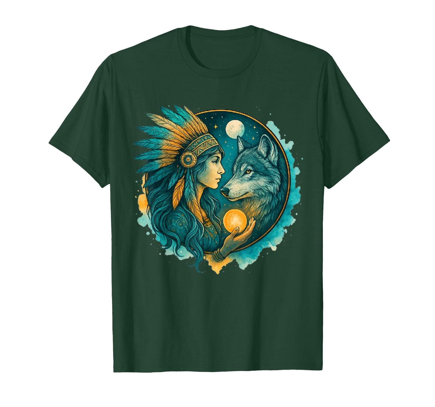 Indian Native American Woman with White Wolf Vitage T-Shirt