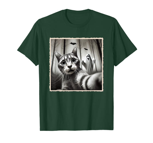 Halloween Cat Selfie With Ghost | Funny Halloween & Spooky T-Shirt