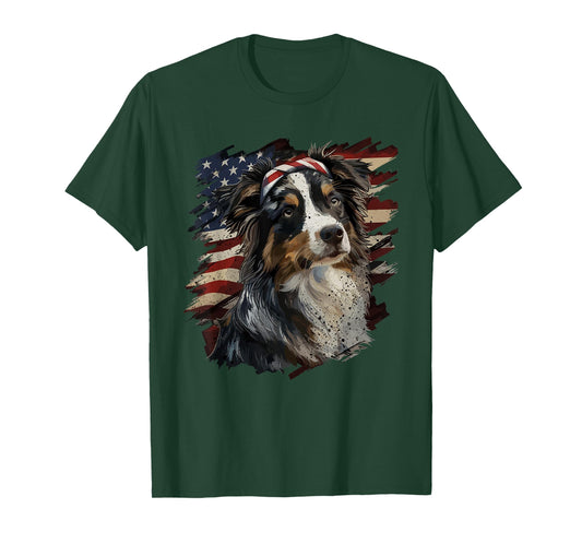 Australian Shepherd Patriotic 4th of July USA American Flag T-Shirt