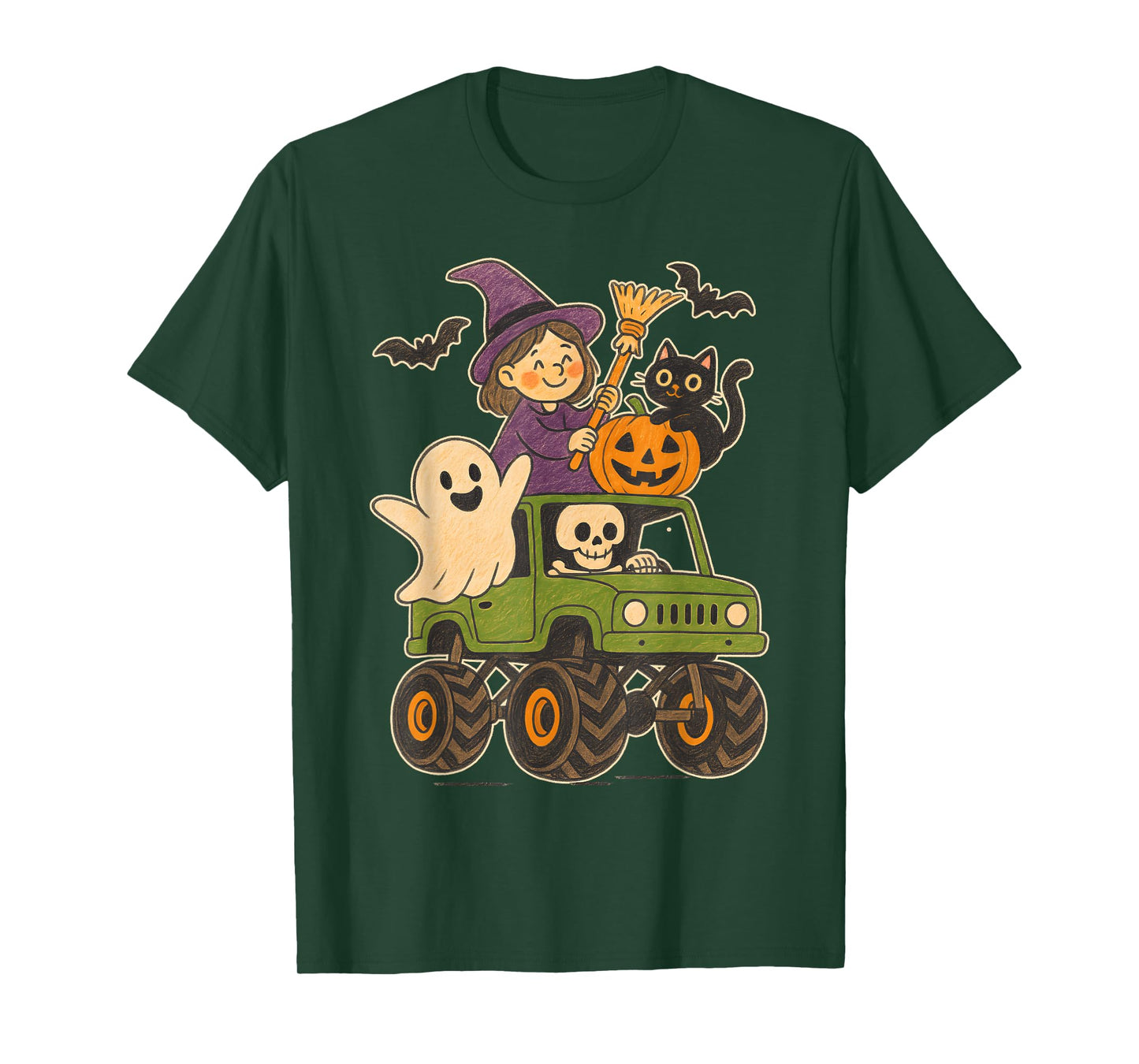 Skeleton Witch Cat Ghost Pumpkin Kids Funny Halloween T-Shirt