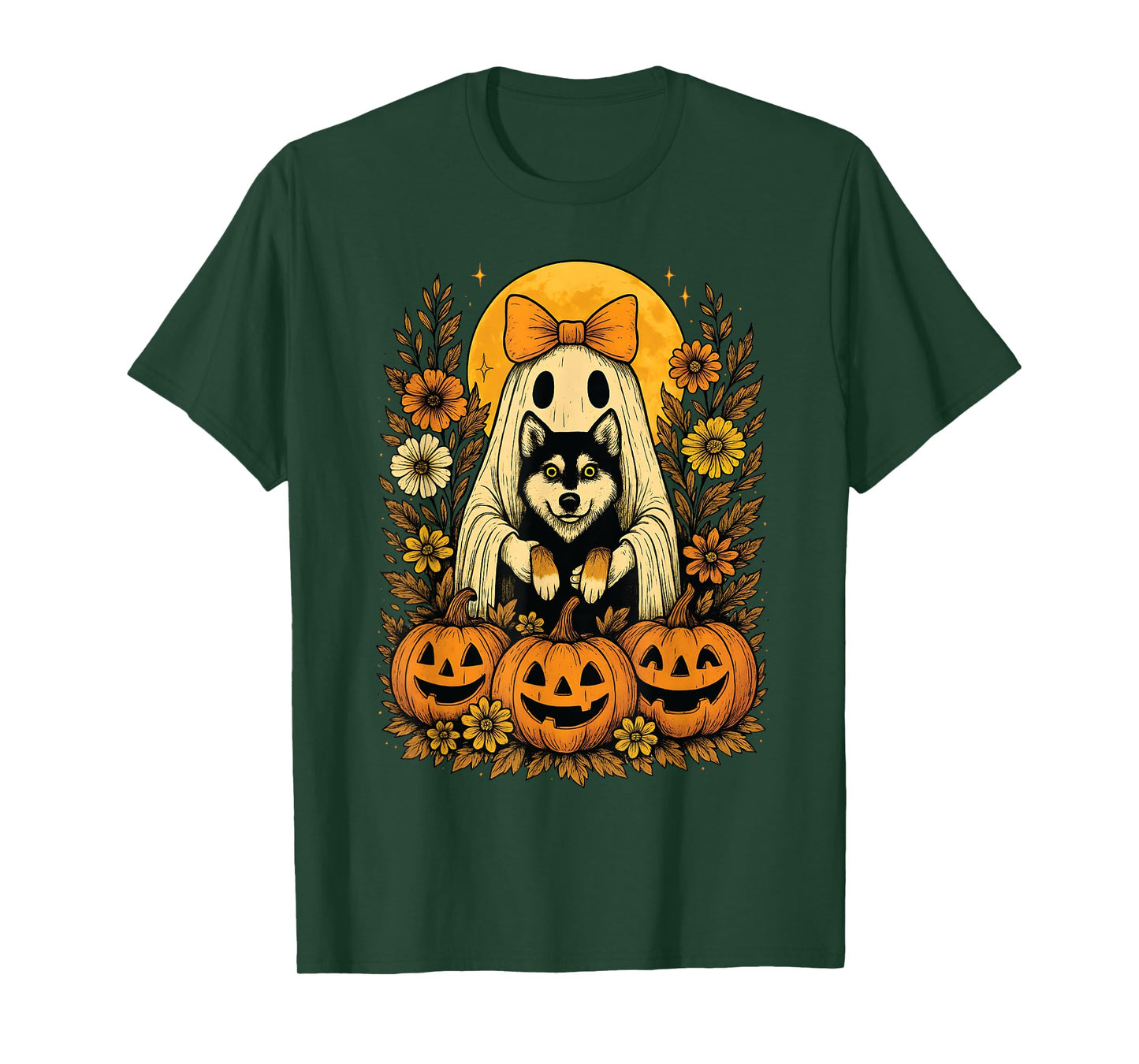 Vintage Halloween Ghost Holding Siberian Husky Dog T-Shirt