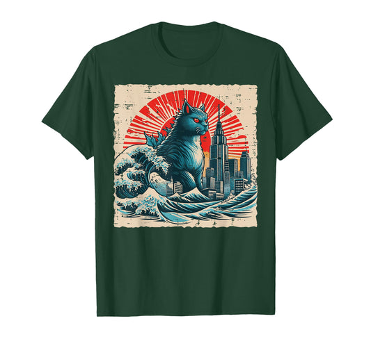 Japanese Cat Monster Great Wave City Ukiyo-e Men Women Kids T-Shirt