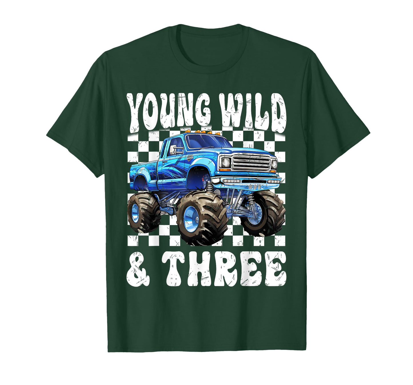 3 Years Old Kids Young Wild & Three Monster Truck Birthday T-Shirt