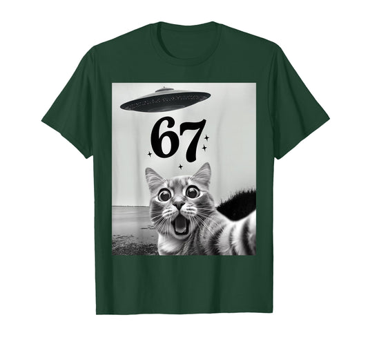 Cat Selfie with Alien UFO and 67 Funny 6 7 for Men Women Kid T-Shirt