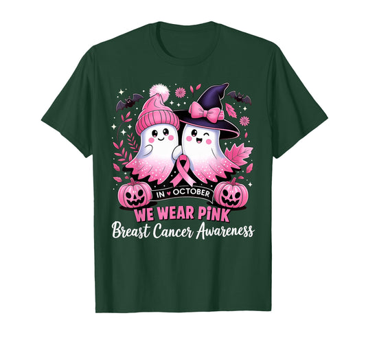 in October We Wear Pink Ghost Witch Breast Cancer Awareness T-Shirt