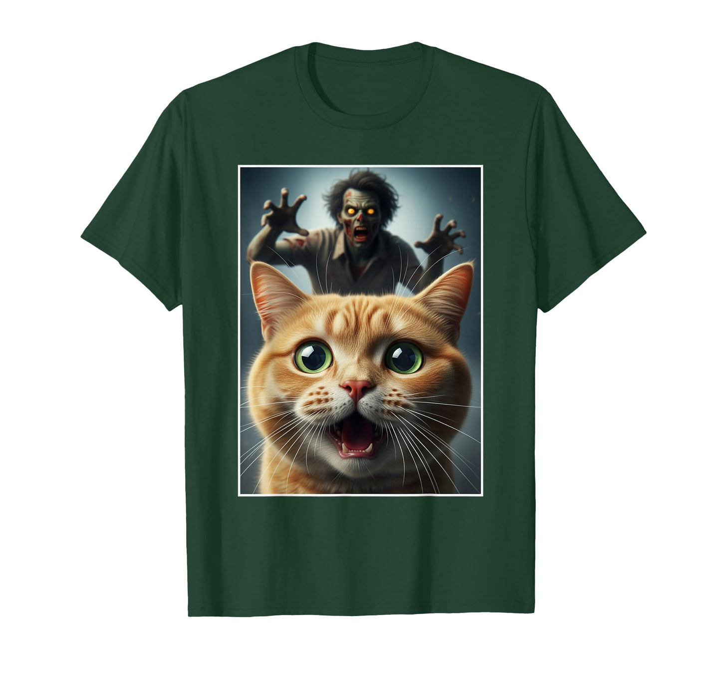 Orange Cat Selfie with Zombie Funny Pet Owner Graphic T-Shirt