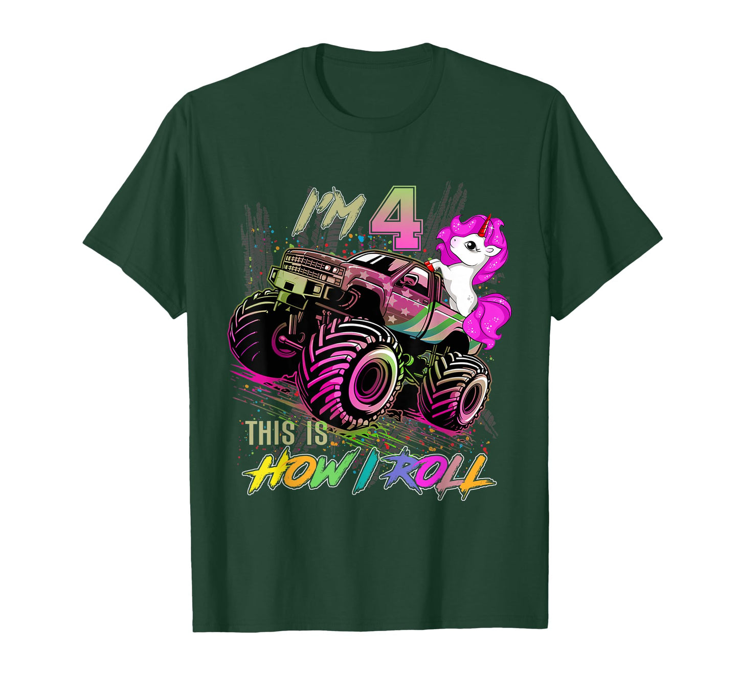 4 Year Old Girl Loves Monster Truck & Unicorn, 4th Birthday T-Shirt