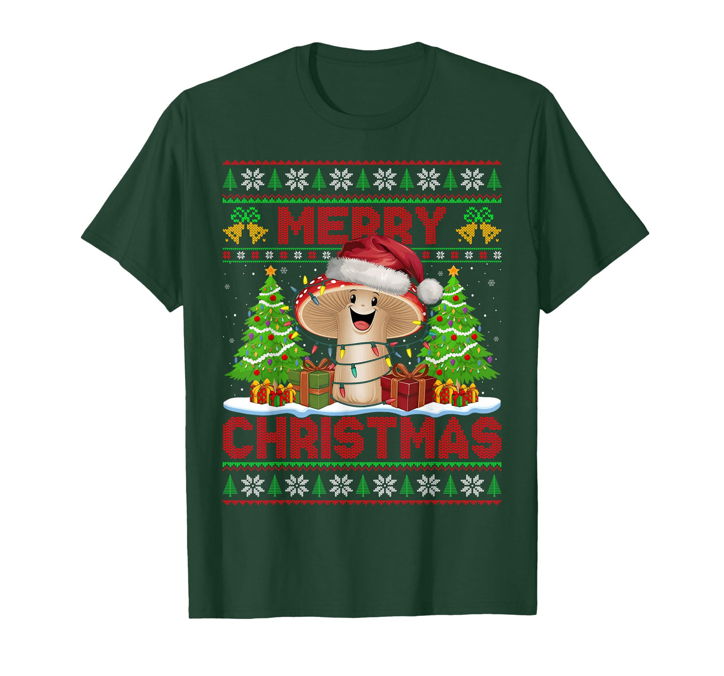 Funny Mushroom Ugly Christmas Sweaters Santa Hat Lights Xmas T-Shirt