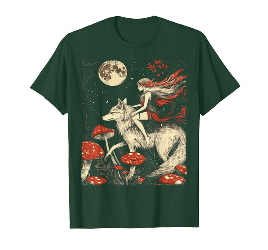 Dark Cottagecore Mushroom Fairycore Full Moon Women's Wolf T-Shirt