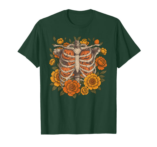 Retro Halloween Ribcage Pumpkins Skeleton Spooky Season T-Shirt