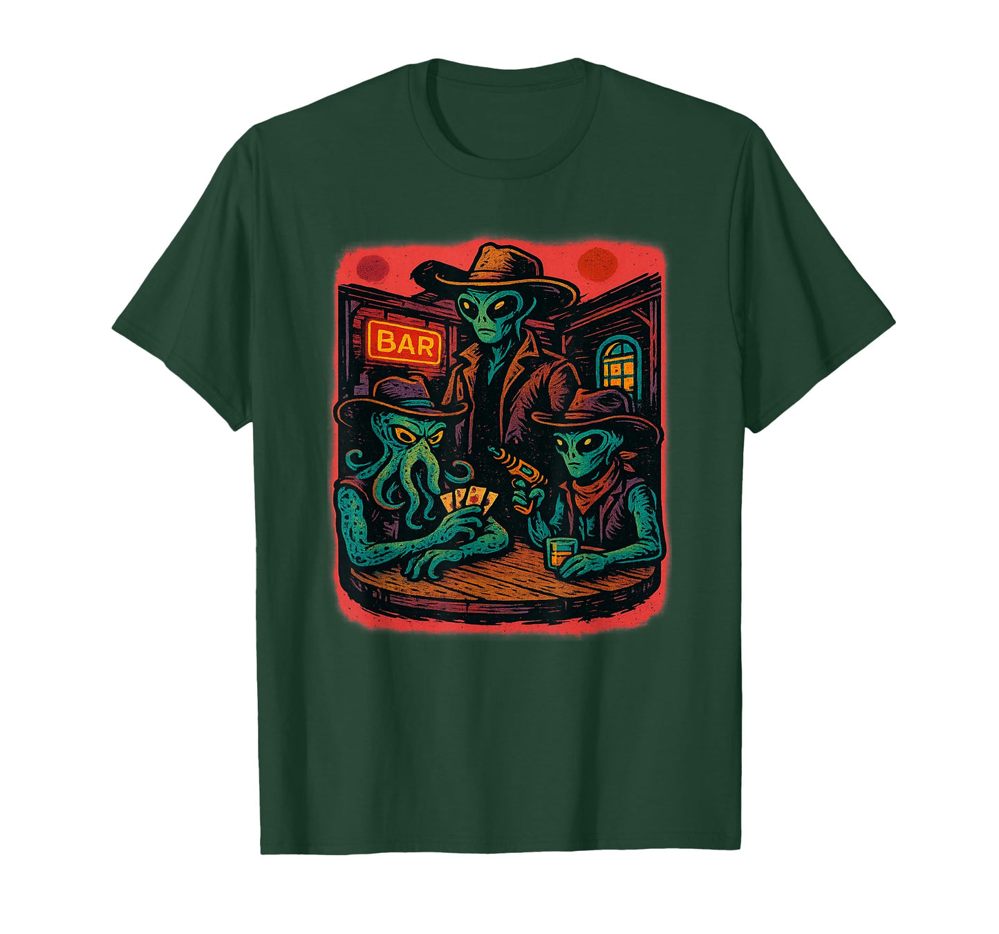 Aliens Playing Cards in Wild West Bar Scene T-Shirt