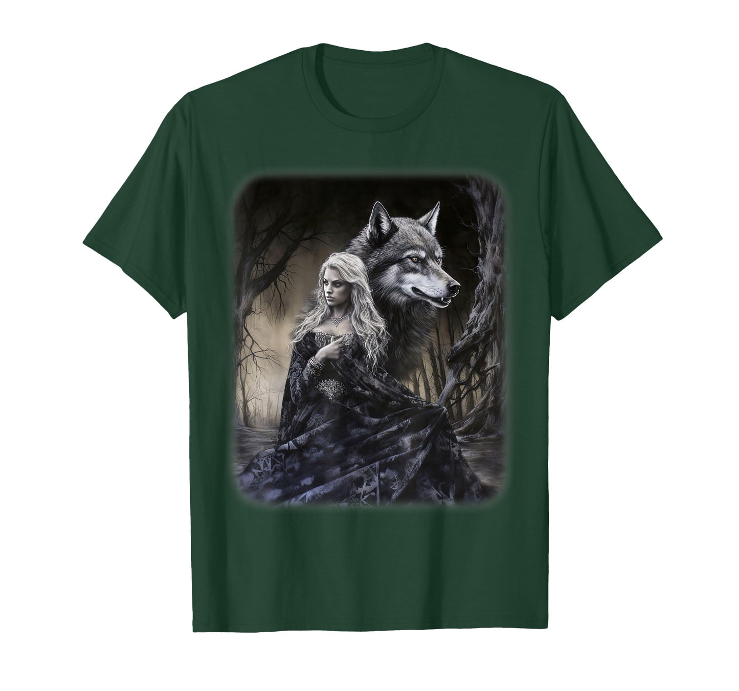 Woman and Gray Wolf in Forest Moon Fantasy Art Painting T-Shirt