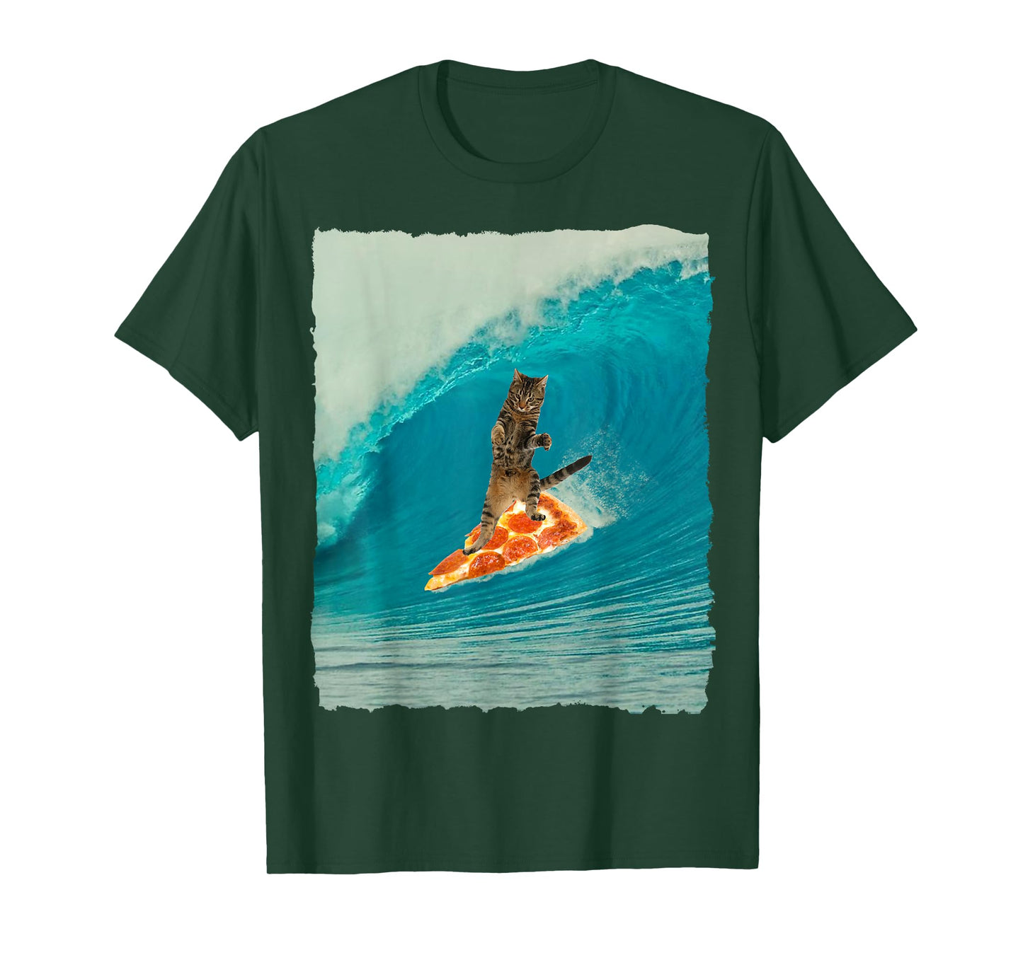 Surf Cat Shirt Kitty Riding a Wave with a Pizza Surf Board T Men Women Girls Kids T-Shirt
