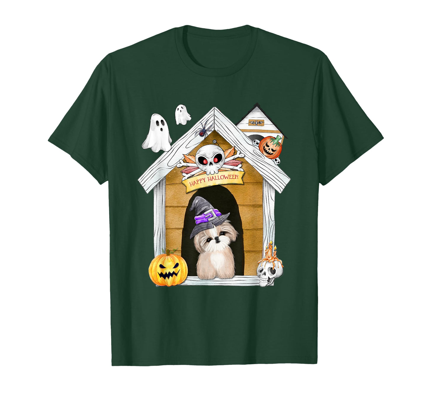 Halloween Shih Tzu Dog Witch Haunted House T-Shirt for Men Women Kids