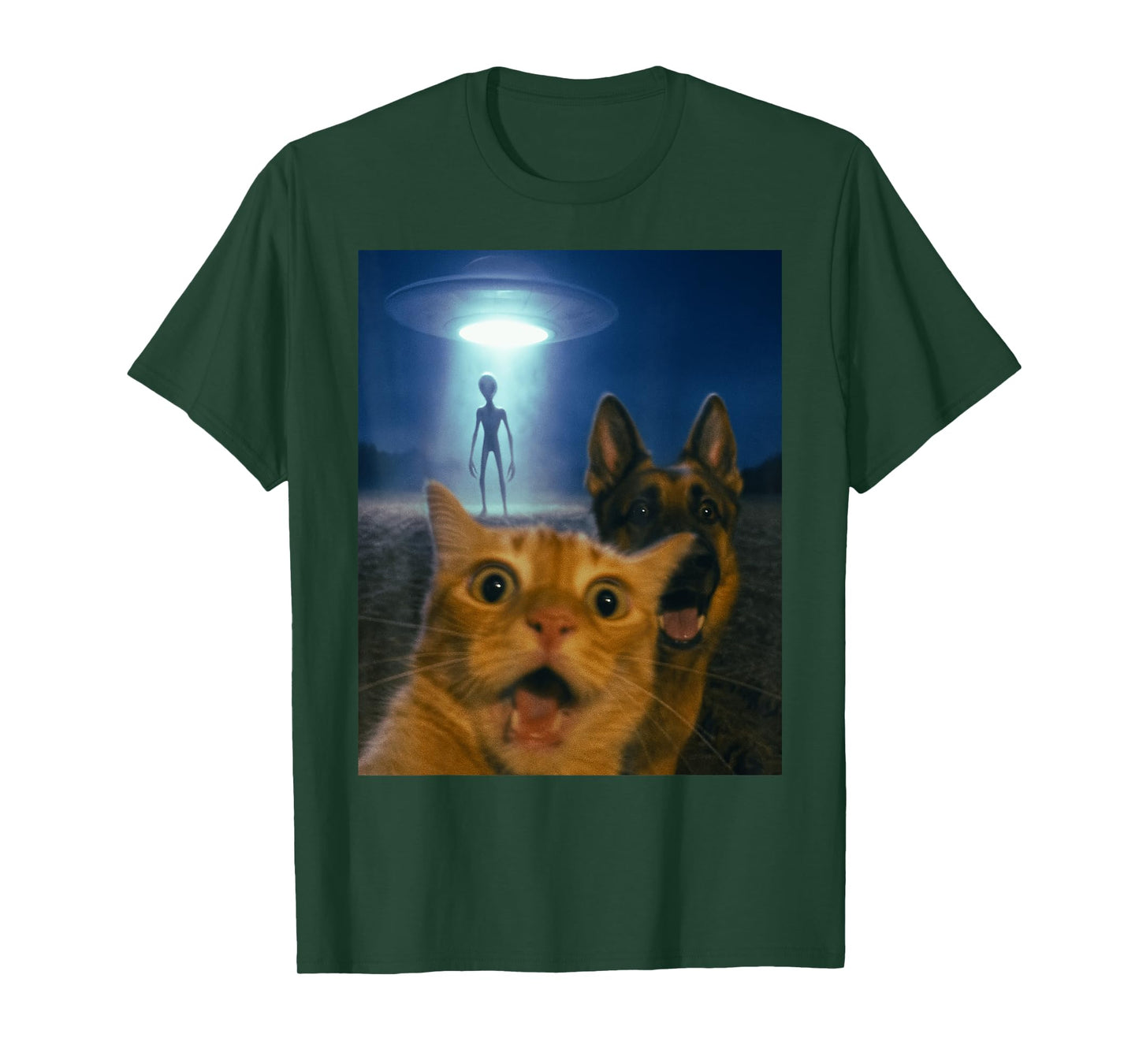 Cat and Dog Alien Selfie UFO Abduction Night Scene Funny T-Shirt