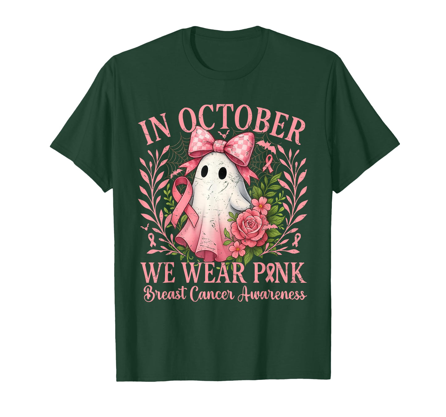in October We Wear Pink Ghost with Flowers Breast Cancer T-Shirt