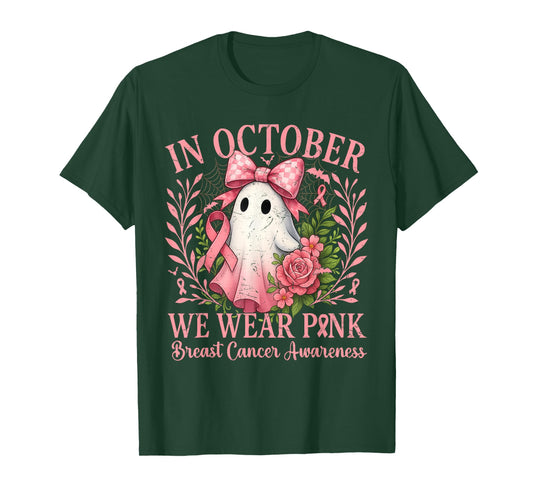 in October We Wear Pink Ghost with Flowers Breast Cancer T-Shirt
