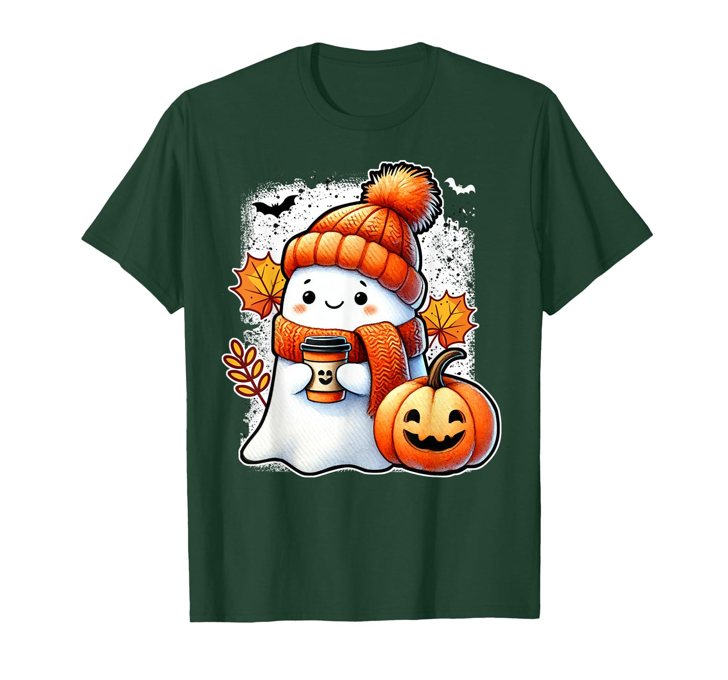 Cute Halloween Ghost Cozy Pumpkin Autumn Leaves T-Shirt