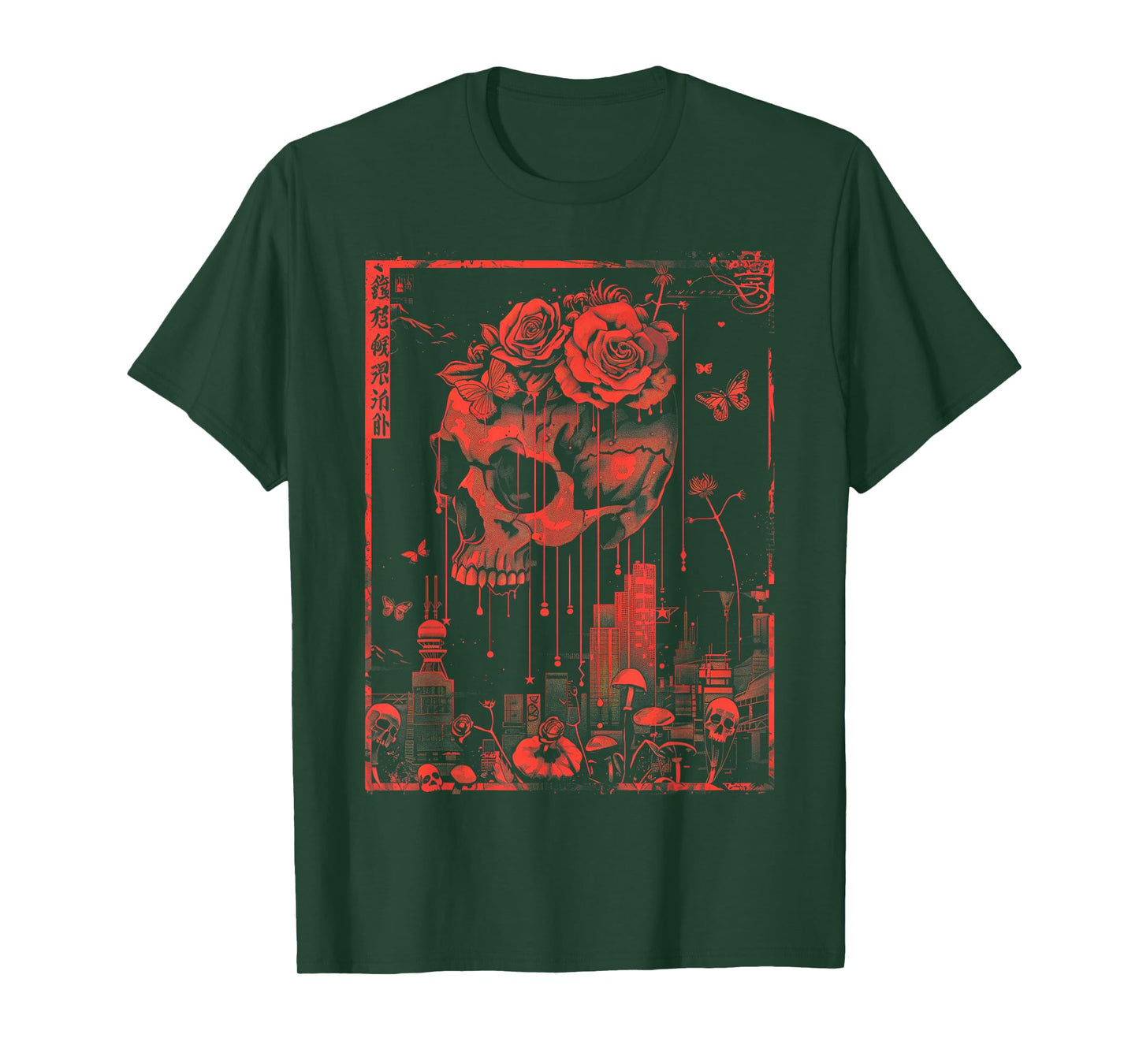 Anime Japanese Goth Cyberpunk City Skull Butterfly T-Shirt