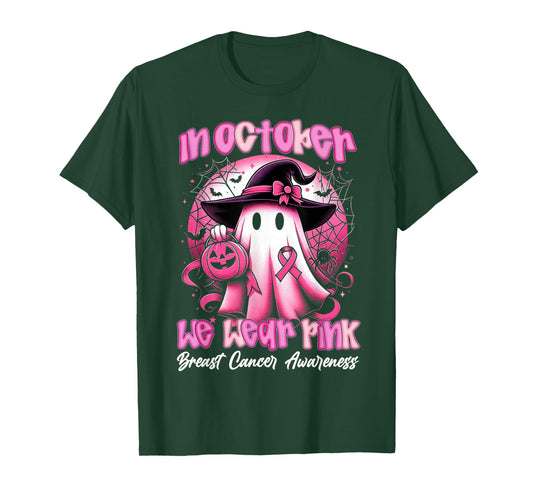 in October We Wear Pink Ghost Witch Awareness Tee T-Shirt
