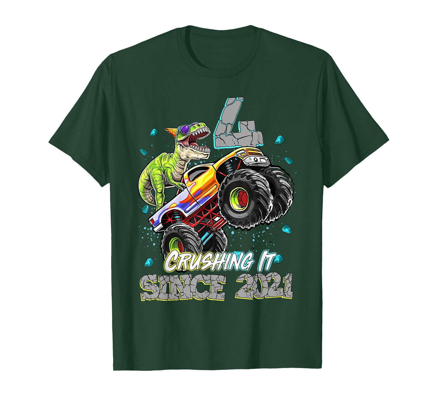 4th Birthday Since 2021 Monster Truck Dinosaur Birthday Boy T-Shirt