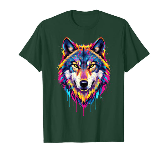 Colourful Cool Wolf Head in Vivid Shades Artistic Designed T-Shirt