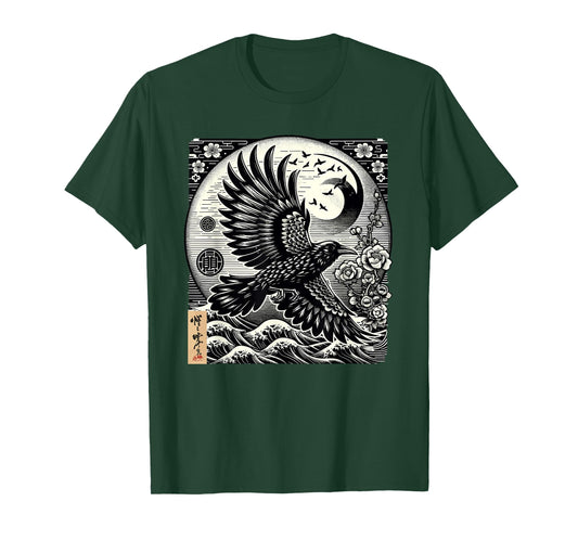 Graphic Japan Woodblock Art Crow Raven Vintage T-Shirt