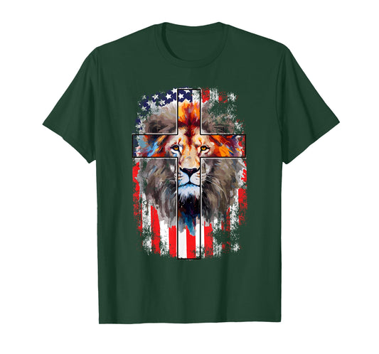 Christian God Faith US Flag Cross Jesus Lion of Judah T-Shirt