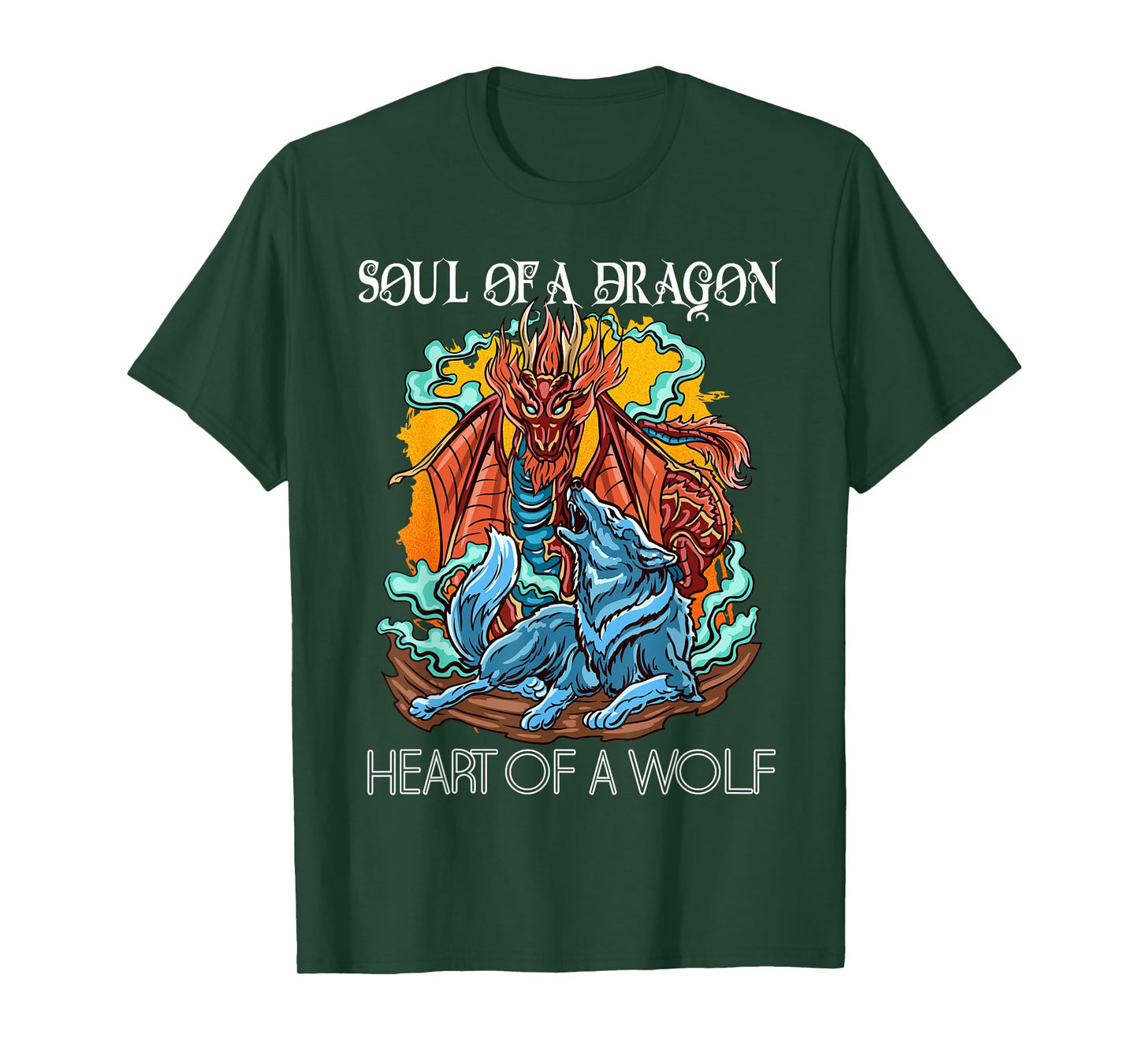 Heart of a Wolf Soul of a Dragon Goth Dragon and Wolf T-Shirt