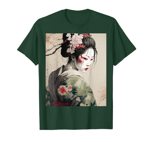 Beautiful Japanese Dark Geisha Sakura Blossoms Kimono T-Shirt