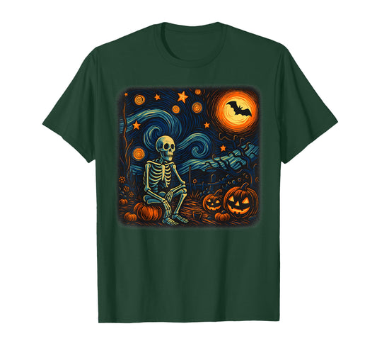 Halloween Skeleton Starry Night Van Gogh Pumpkin Men Women T-Shirt