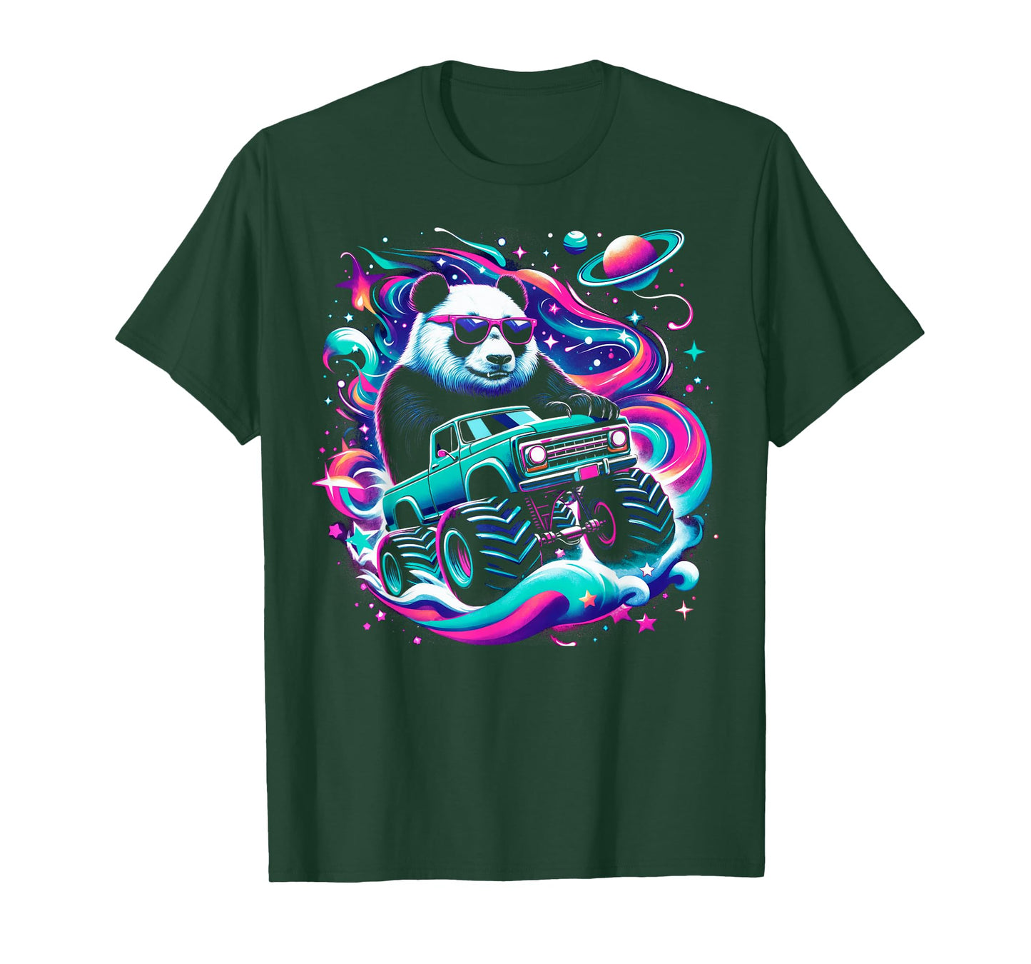 Cool Giant Panda Driving Monster Truck in Cosmic Space T-Shirt