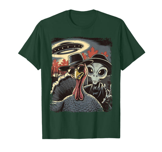 Alien Selfie With Turkey Thanksgiving Funny Photo UFO T-Shirt