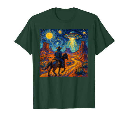 Surreal Space Cowboy UFO Alien Western Trippy Cosmic Art T-Shirt