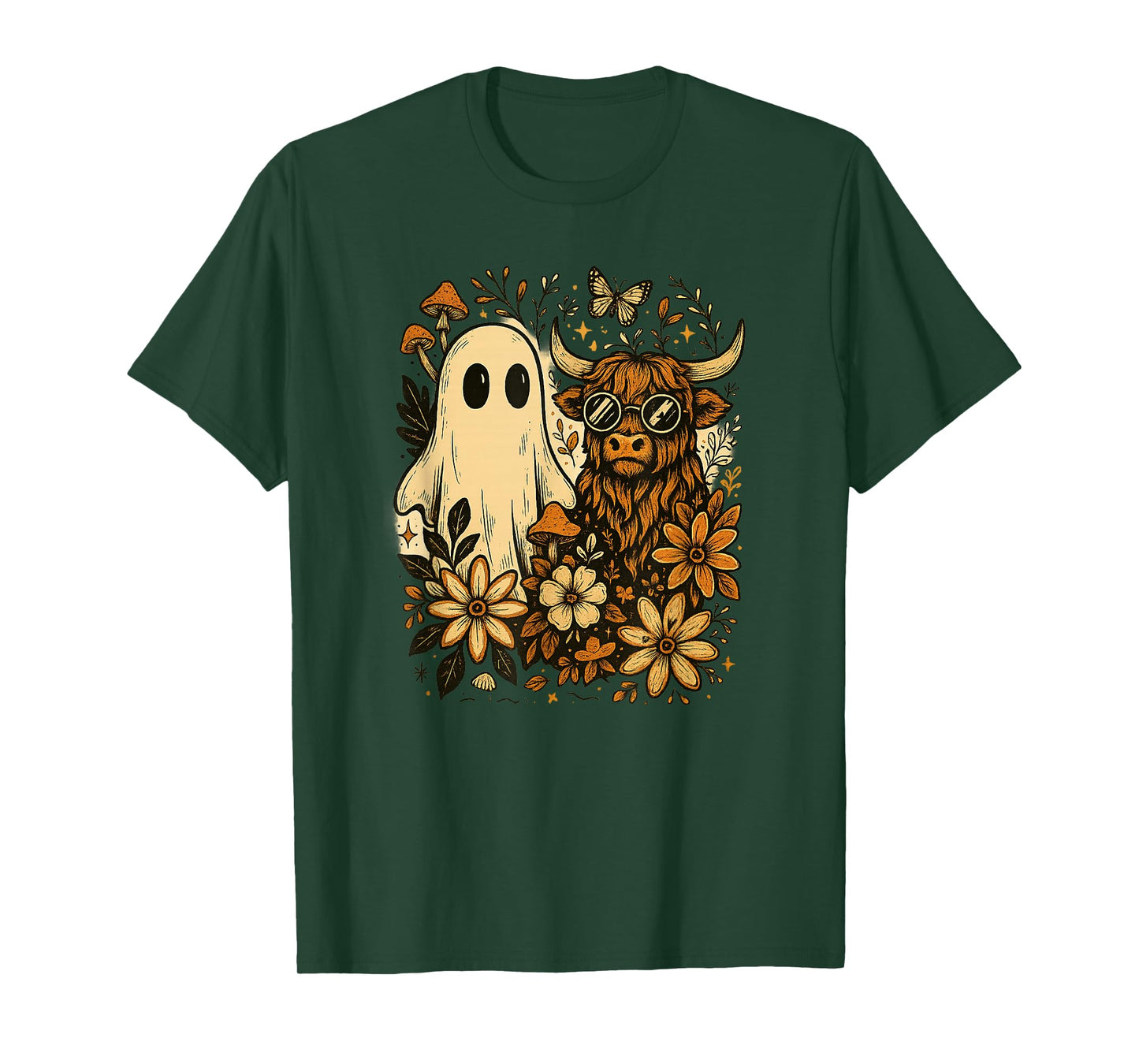 Highland Cow & Ghost Retro Autumn Floral Aesthetic T-Shirt